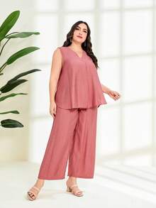 Mulvari Hơn Chất rắn Áo ba lỗ & Quần ống rộng - Hồng - Xem 3