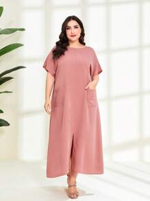 Mulvari 大碼雙口袋下擺開叉連衣裙 - 藕粉色 - 查看 3