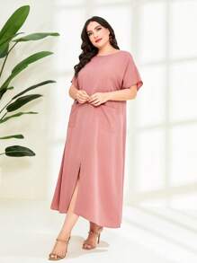 Mulvari 大碼雙口袋下擺開叉連衣裙 - 藕粉色 - 查看 4