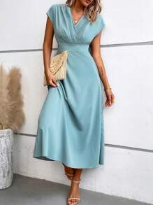 SHEIN LUNE Solid Wrap Front Batwing Sleeve Dress - Cadet Blue - View 1