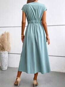 SHEIN LUNE Solid Wrap Front Batwing Sleeve Dress - Cadet Blue - View 2