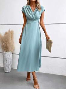 SHEIN LUNE Solid Wrap Front Batwing Sleeve Dress - Cadet Blue - View 4