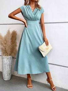 SHEIN LUNE Solid Wrap Front Batwing Sleeve Dress - Cadet Blue - View 6