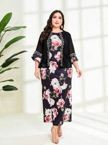 Lacomfia Hơn In hoa tay áo lá sen Xoay eo Eo Đầm - màu đen - Xem 1