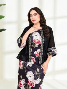 Lacomfia Hơn In hoa tay áo lá sen Xoay eo Eo Đầm - màu đen - Xem 3