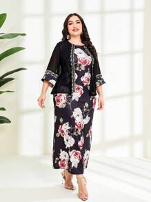 Lacomfia Hơn In hoa tay áo lá sen Xoay eo Eo Đầm - màu đen - Xem 4