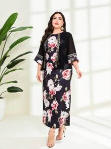 Lacomfia Hơn In hoa tay áo lá sen Xoay eo Eo Đầm - màu đen - Xem 5