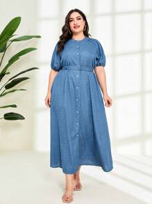 Mulvari Plus Puff Sleeve Button Front Belted Dress - Blue - View 1