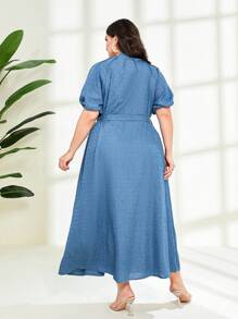 Mulvari Plus Puff Sleeve Button Front Belted Dress - Blue - View 2
