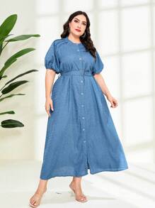 Mulvari Plus Puff Sleeve Button Front Belted Dress - Blue - View 3