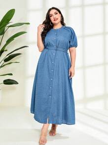 Mulvari Plus Puff Sleeve Button Front Belted Dress - Blue - View 4