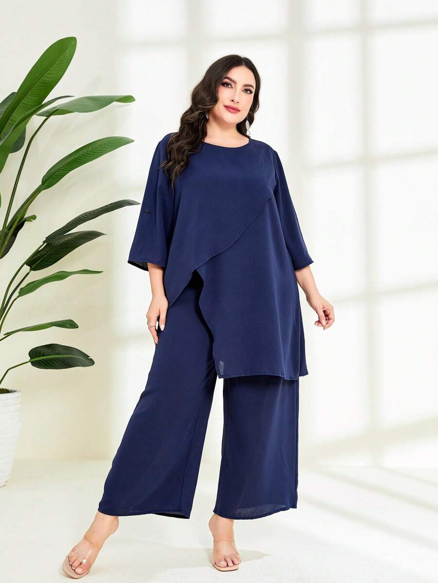 Mulvari Plus Solid Asymmetrical Hem Top & Wide Leg Trousers - Navy Blue - View 1