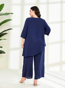 Mulvari Plus Solid Asymmetrical Hem Top & Wide Leg Trousers - Navy Blue - View 2