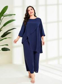 Mulvari Plus Solid Asymmetrical Hem Top & Wide Leg Trousers - Navy Blue - View 4