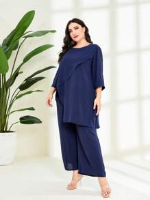 Mulvari Plus Solid Asymmetrical Hem Top & Wide Leg Trousers - Navy Blue - View 5