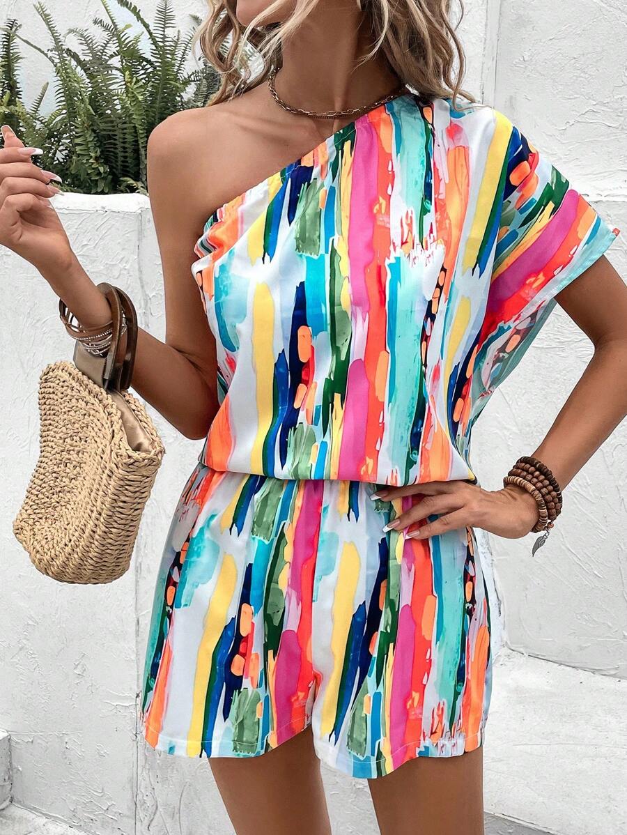 SHEIN VCAY Brush Print One Shoulder Batwing Sleeve Blouse & Shorts