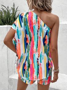 SHEIN VCAY Brush Print One Shoulder Batwing Sleeve Blouse & Shorts
