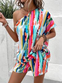 SHEIN VCAY Brush Print One Shoulder Batwing Sleeve Blouse & Shorts