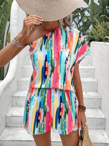 SHEIN VCAY Brush Print One Shoulder Batwing Sleeve Blouse & Shorts