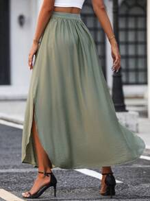 SHEIN LUNE 雙口袋高衩前紐扣半身裙 - 綠色 - 查看 2