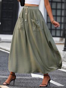 SHEIN LUNE 雙口袋高衩前紐扣半身裙 - 綠色 - 查看 3