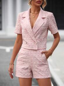 SHEIN Clasi 雙排釦西裝外套和斜口袋短褲 - 粉色 - 查看 1