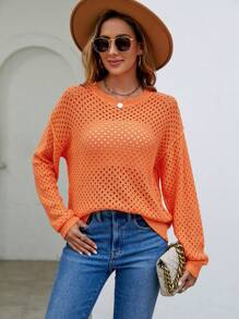 SHEIN LUNE Chất rắn Dệt kim chấm bi Thả vai Áo len - trái cam - Xem 3