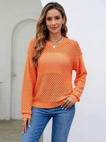 SHEIN LUNE Chất rắn Dệt kim chấm bi Thả vai Áo len - trái cam - Xem 4