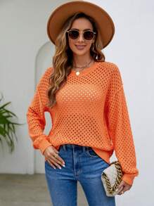 SHEIN LUNE Chất rắn Dệt kim chấm bi Thả vai Áo len - trái cam - Xem 5