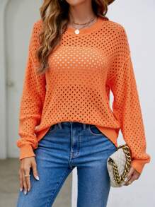 SHEIN LUNE Chất rắn Dệt kim chấm bi Thả vai Áo len - trái cam - Xem 6