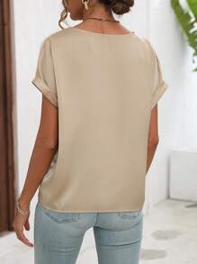 SHEIN Clasi Draped Collar Batwing Sleeve Blouse - Khaki - View 2