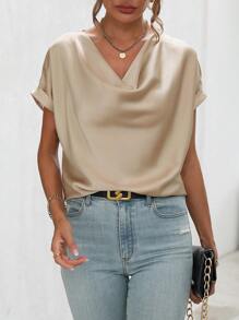 SHEIN Clasi Draped Collar Batwing Sleeve Blouse - Khaki - View 3