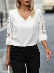 SHEIN LUNE Blusa con encaje de manga amplia - Blanco - Ver 3