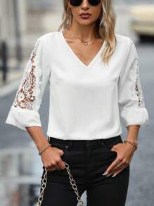 SHEIN LUNE Blusa con encaje de manga amplia - Blanco - Ver 4