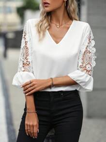 SHEIN LUNE Blusa con encaje de manga amplia - Blanco - Ver 5