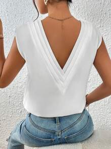 SHEIN Privé Solid V Neck Shoulder Pad Blouse - White - View 1