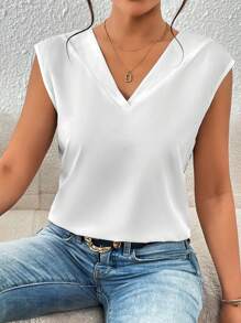 SHEIN Privé Solid V Neck Shoulder Pad Blouse - White - View 2