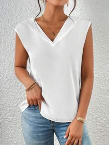 SHEIN Privé Solid V Neck Shoulder Pad Blouse - White - View 5