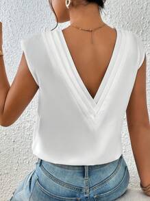 SHEIN Privé Solid V Neck Shoulder Pad Blouse - White - View 6