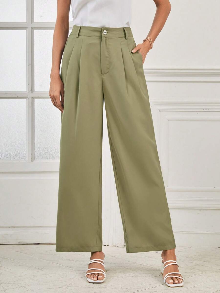 SHEIN LUNE Solid Plicated Detail Suit Trousers - Green - View 1