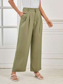 SHEIN LUNE Solid Plicated Detail Suit Trousers - Green - View 4