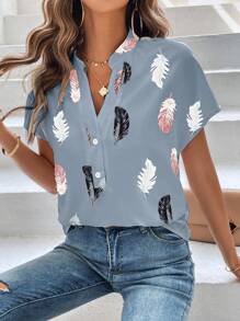 SHEIN LUNE Feather Print Batwing Sleeve Half Button Blouse - Dusty Blue - View 1