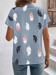 SHEIN LUNE Feather Print Batwing Sleeve Half Button Blouse - Dusty Blue - View 2