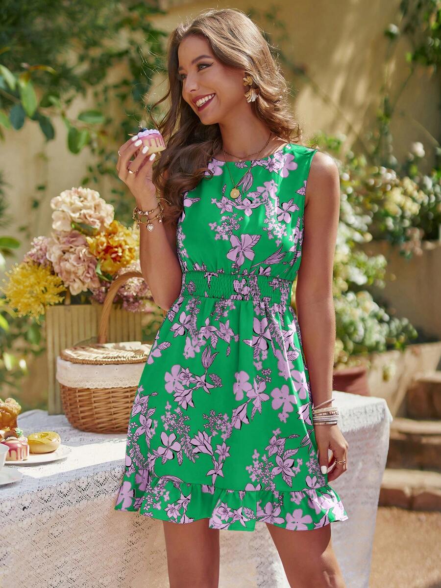 SHEIN VCAY Đầm Nút Viên lá sen Dải chun Hoa Tất cả trên in Boho - Nhiều màu - Xem 1