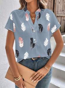 SHEIN LUNE Feather Print Batwing Sleeve Half Button Blouse - Dusty Blue - View 3