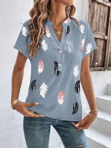 SHEIN LUNE Feather Print Batwing Sleeve Half Button Blouse - Dusty Blue - View 4