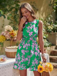 SHEIN VCAY Đầm Nút Viên lá sen Dải chun Hoa Tất cả trên in Boho - Nhiều màu - Xem 3