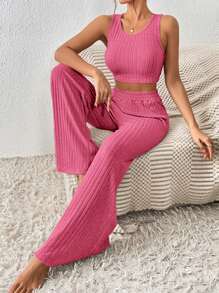 SHEIN Frenchy Solid Crop Tank Top & Wide Leg Pants - Hot Pink - View 1