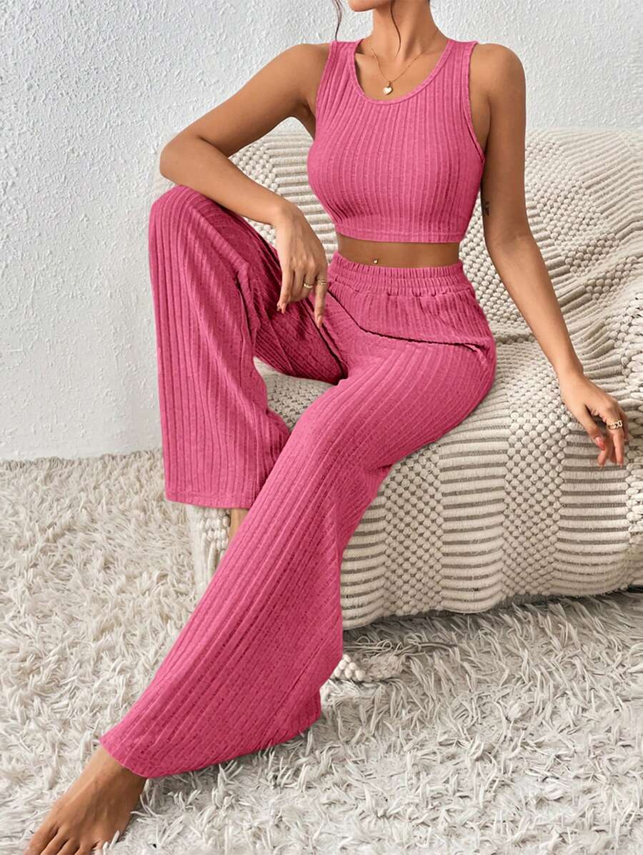 SHEIN Frenchy Solid Crop Tank Top & Wide Leg Pants - Hot Pink - View 1