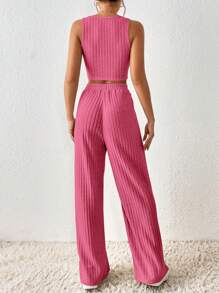 SHEIN Frenchy Solid Crop Tank Top & Wide Leg Pants - Hot Pink - View 2